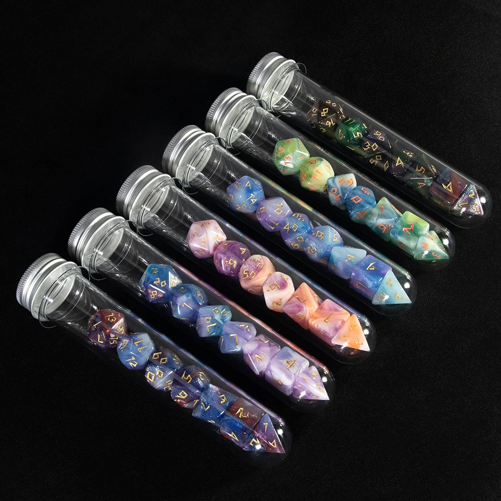 6 set Shiny Glitters DND Dice 7 Pieces Mixed Colour Polyhedral Dice Set with Tube, for D&D RPG Role Playing Table Games