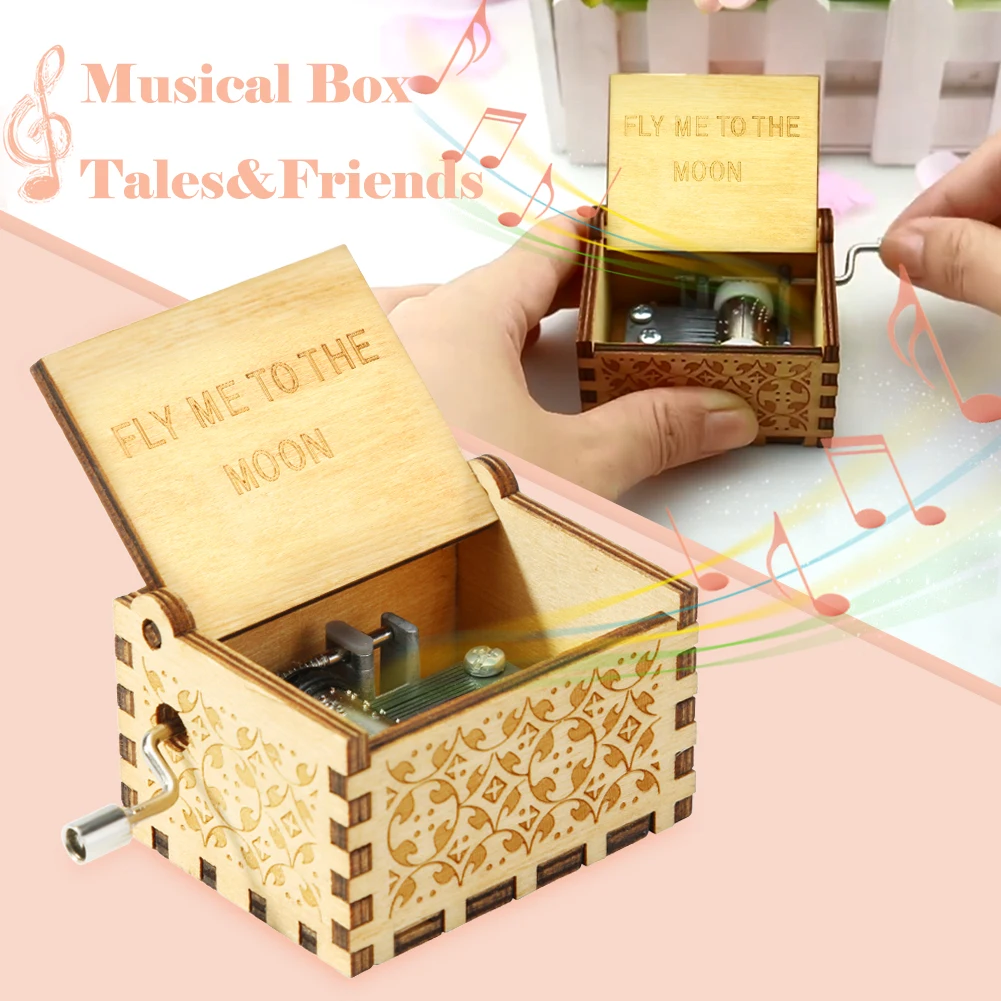 Wooden Elegant Music Box Creative Vintage Wood Music Box Manual Fashion Antique Carved Valentine Day for Birthday Christmas Gift