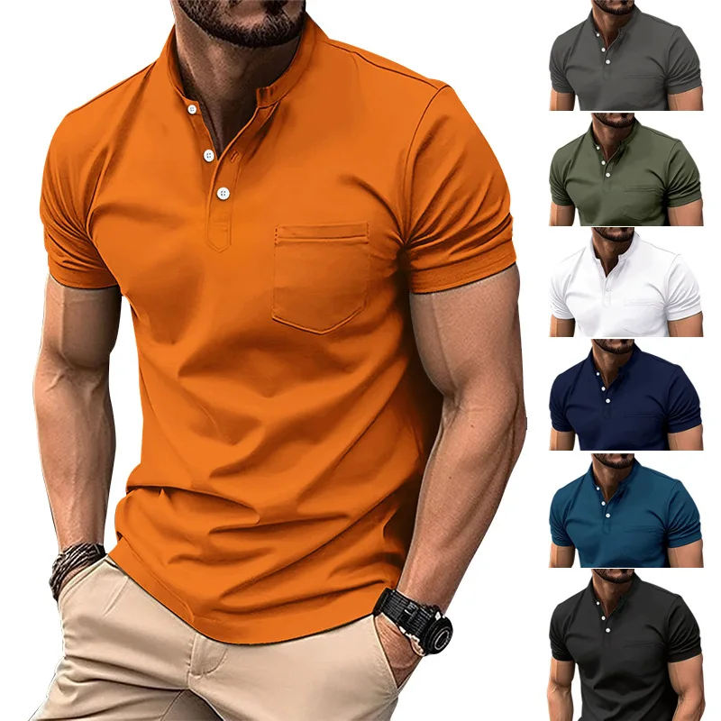 GZMS-Men's Casual Polo Shirt with Pockets and Button, Pure Color Top, Business Shirt, New