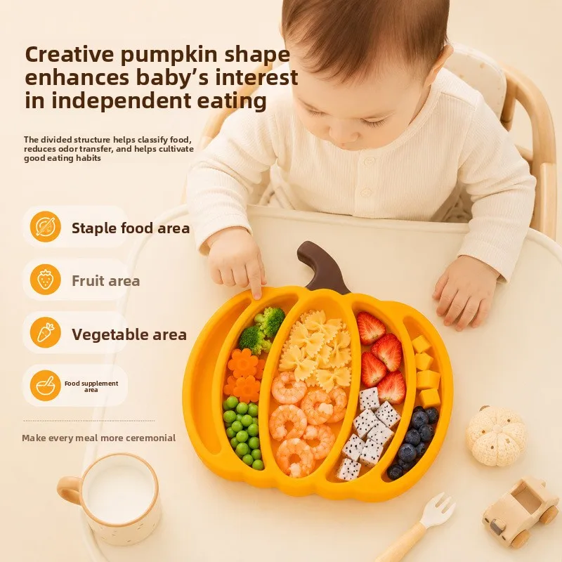 Pumpkin Silicone Baby Divided Plate, Anti-Shatter Toddler Self-Feeding Training Dish, Food Grade Non-Slip Kids Dinner Plate