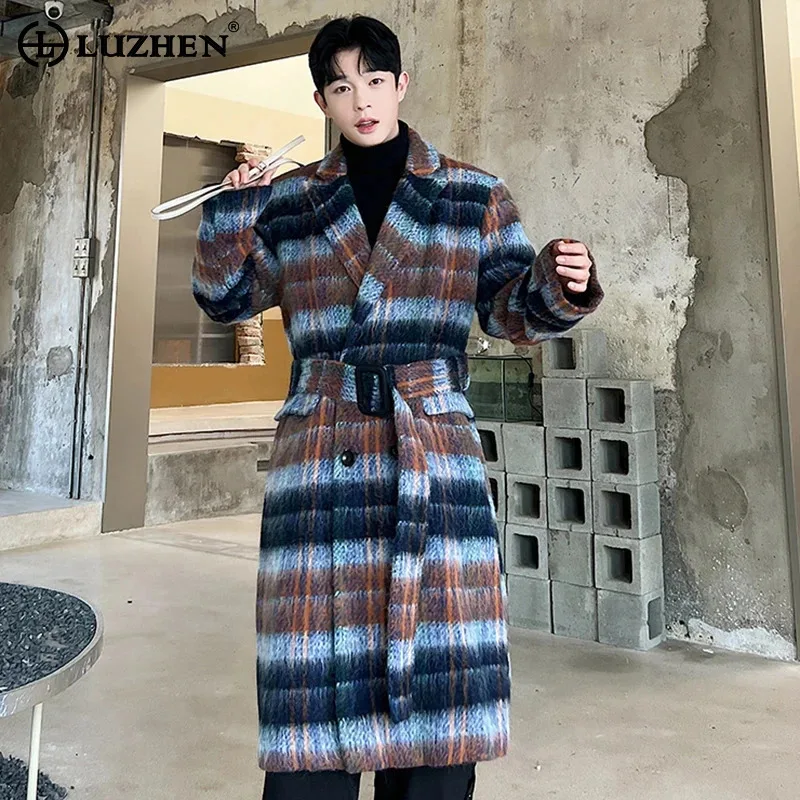 

LUZHEN Winter Stylish Plaid Original Long Fleece Trench Coat Men Color Contrast Elegant Belt Decorate Woolen Outerwear LZ5525