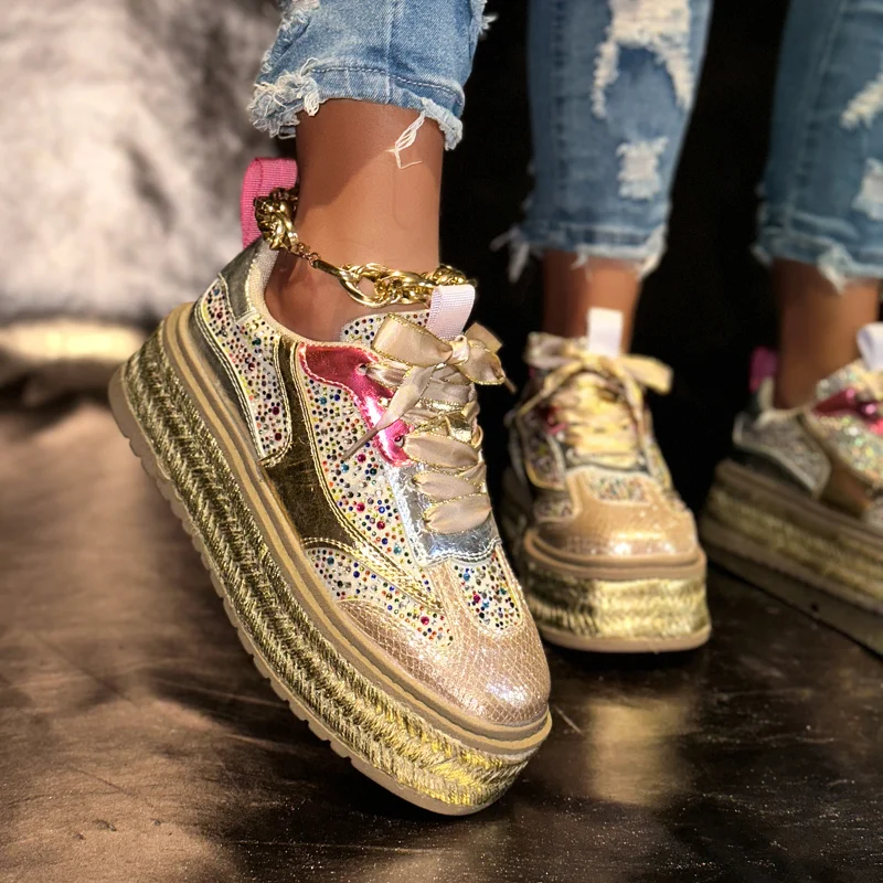 

Leather Women Shoes Autumn Spring New Style Fashion Platform Shoes Designer Women Sneakers Luxury Rhinestone Height Shoes