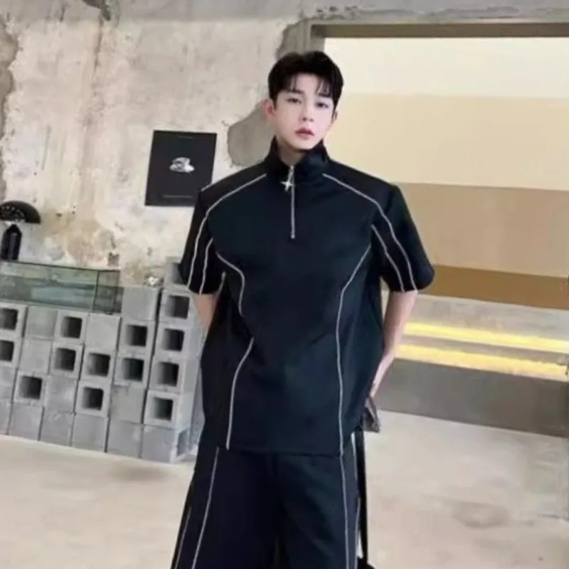 

Korean Style Premium Street Smart Casual Sport Set Men New Oversized Half Zip Tee Shorts Two Piece Trendy Outfit