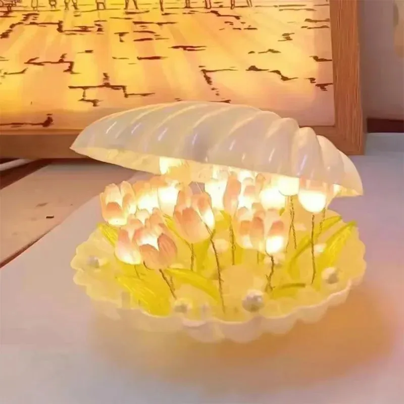 صدف بلاستيكي DIY وإضاءة ليلية توليب - ديكور متوهج مصنوع يدويًا لطاولة السرير