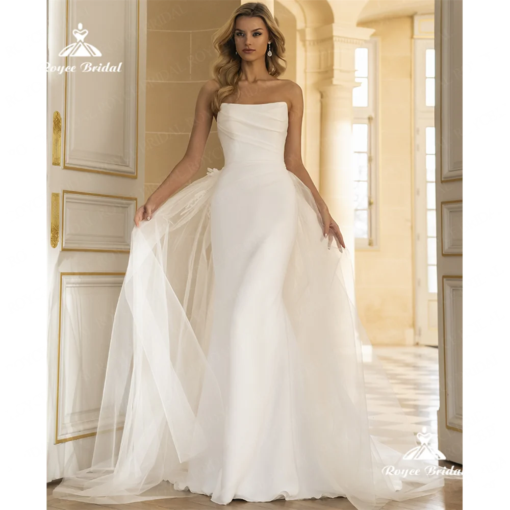 Свадебное платье Roycebridal с вырезом лодочкой и юбкой-годе 2025 атласное свадебное платье с открытой спиной со съемным шлейфом халат свадебные платья