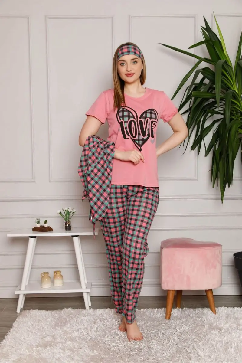 Moda line mujer 100 algodón 3 piezas bata pijama traje