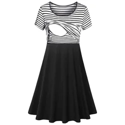 New European and American fashion maternity wear short-sleeved polka dot print maternity dress maternity striped nursing clothe