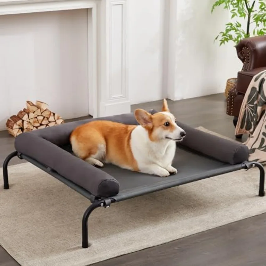 

Cooling Elevated Dog Bed with Pillows, Portable Washable Raised Dog Cot Bed with Chew Proof Mesh and Metal Frame, No-Slip Rubbe
