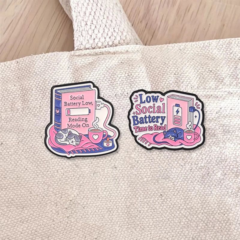 Introvert Reading Cat Enamel Pin Set Social Battery Low Book Lover Quote Cozy Aesthetic Badge Brooch Accessory Gift For Friends