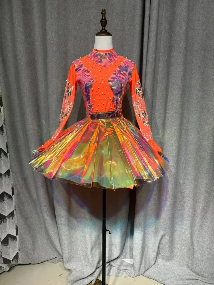 Women's Group Jazz Dance Costume Sequin Top Laser Cut Skirt Christmas Party Festival Outfit Nightclub DJ Stage Gogo Wear