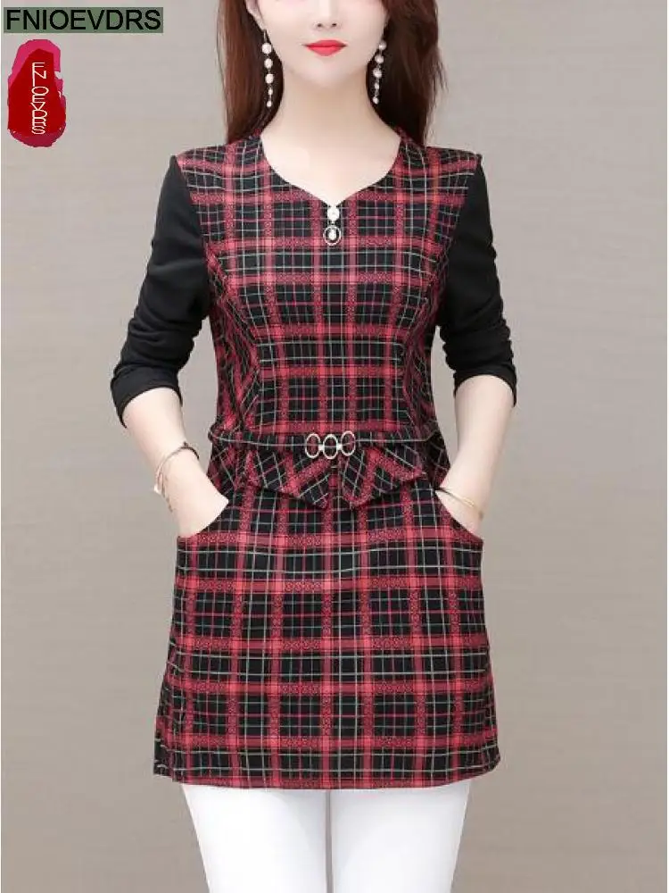 Hot Sales Women Retro Elegant Office Lady Vintage Plaid Shirt Loose Peplum Tops Belly Long Tunic Basic Shirts Blouses