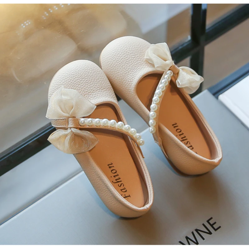 Chic Kids Fashion Mary Janes for Party Wedding Shows Children Elegant 2023 Girls Leather Shoes Round-toe Pearls Bow Flats Korean