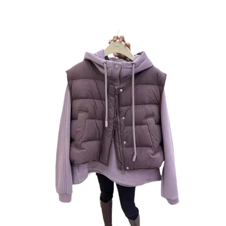 Down Cotton Vests Hoodie 2 Piece Sets Women Hooded Sweatshirt Waistcoat Suit Autumn Winter Ensemble Puffer Parkas Warm Outfits