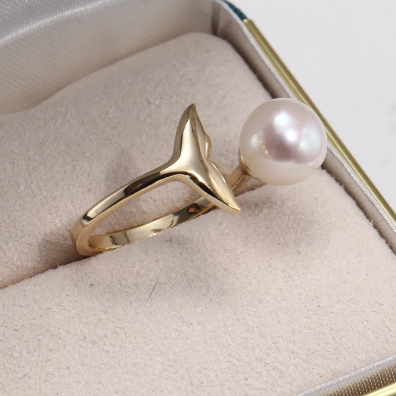14K18K Gold Injection, Real Gold-plated K Gold Craftsmanship, Freshwater Pearl Ring, Fish Tail, Open Ring Jewelry for Women