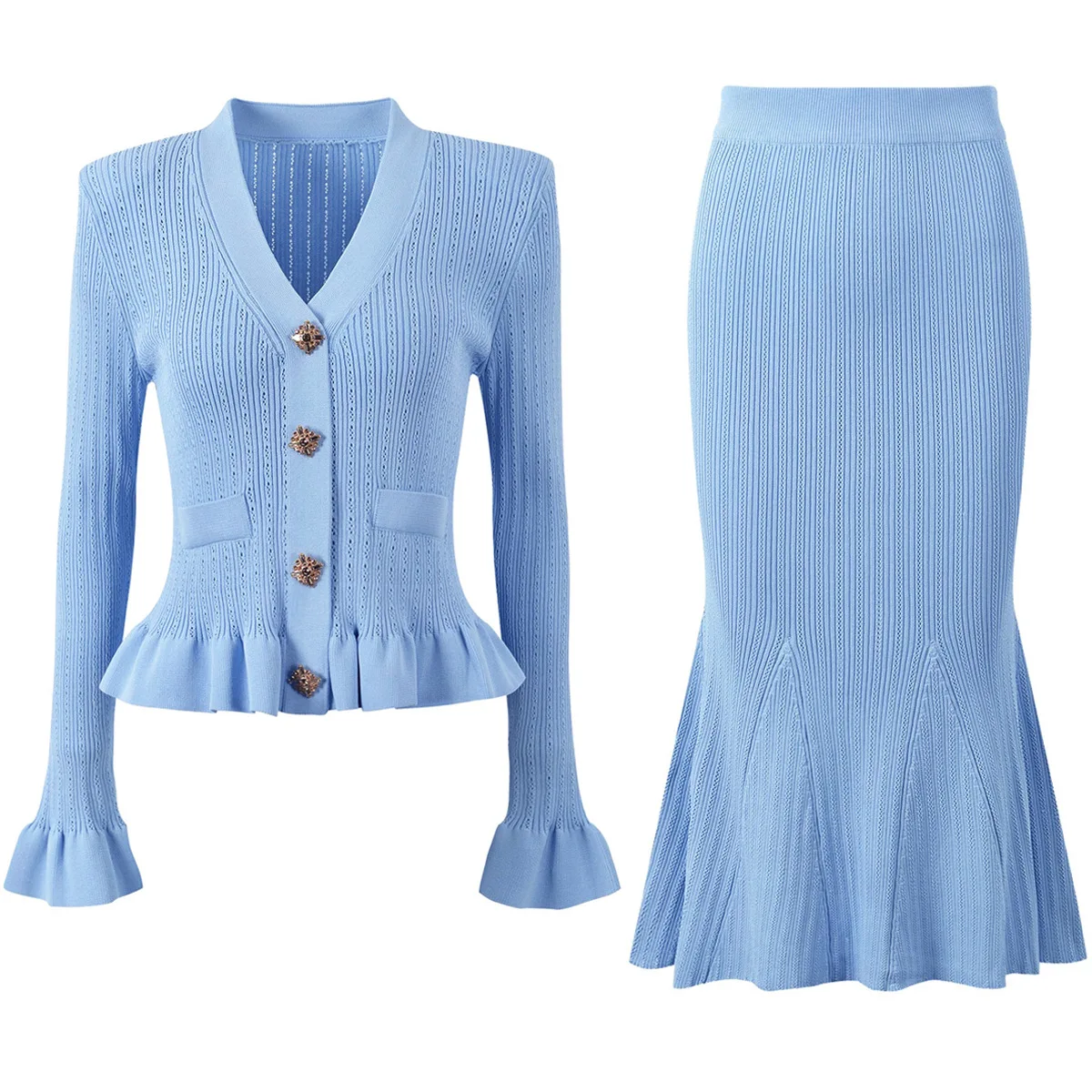 

Осень-зима, ажурные юбки, женский костюм-двойка, элегантные вязаные топы с длинными рукавами и оборками + плиссированные юбки трапециевидной формы, комплекты