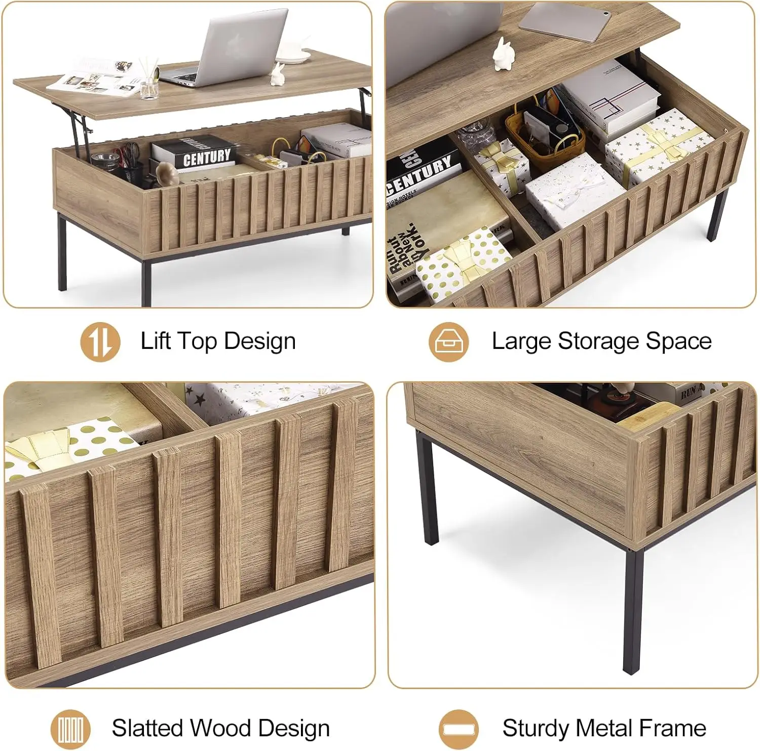 43" Farmhouse Lift-Up Top Coffee Table - Brown Wood Table with WavyGrain&HiddenStorage Compartment,Living Room/Office Furniture