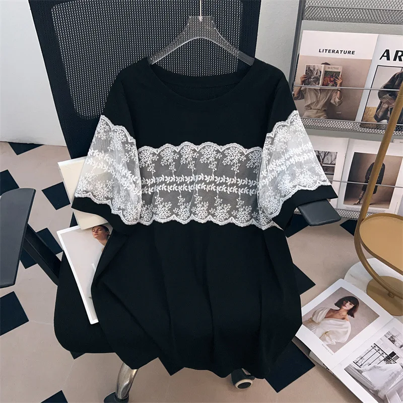 170kg plus size busto feminino 170 verão solto em torno do pescoço manga curta renda camiseta preto branco 4xl 5xl 6xl 7xl 8xl 9xl