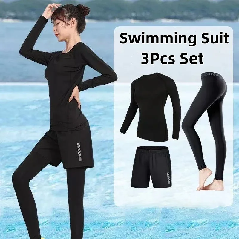 Women's conservative swimsuit, conservative swimsuit set of 3 pieces, long sleeve swimsuit, quick drying and comfortable