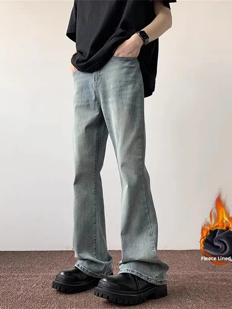 

Autumn Winter Thiened Fce Vintage American High Street Straight Leg Men's Jeans Bell Bot Wide Leg Pants