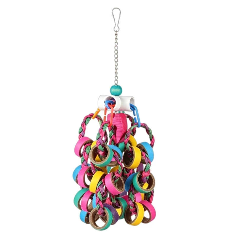 Hanging Pet Bird Cage Toy with Colorful Paper Rings and Cords for Pecking, Chewing, Pulling, Grabbing, and Exploring During 55KF