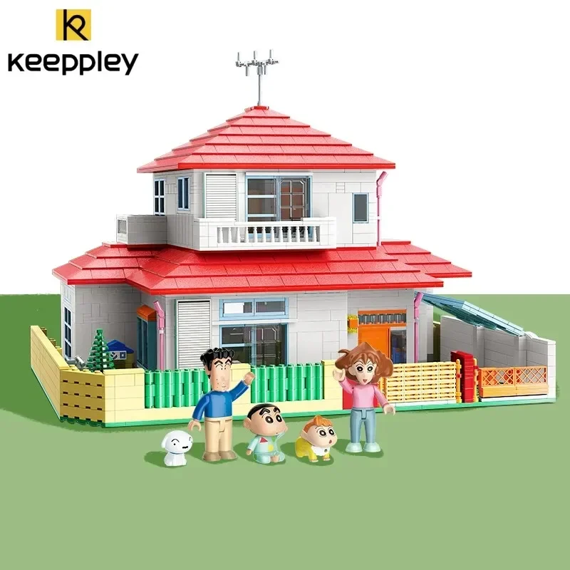 Keeppley-bloques de construcción de crayón de dibujos animados de Anime clásico, Shin-chan, Street View, casa, gato, autobús, Xiaoxin, habitación, juegos de ladrillos, juguetes para niños