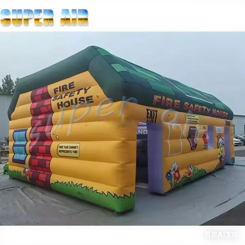 Gorąca wyprzedaż, niestandardowy, dmuchany kwadratowy namiot o tematyce bezpieczeństwa pożarowego na zewnątrz, dmuchana stacja strażacka na imprezy.