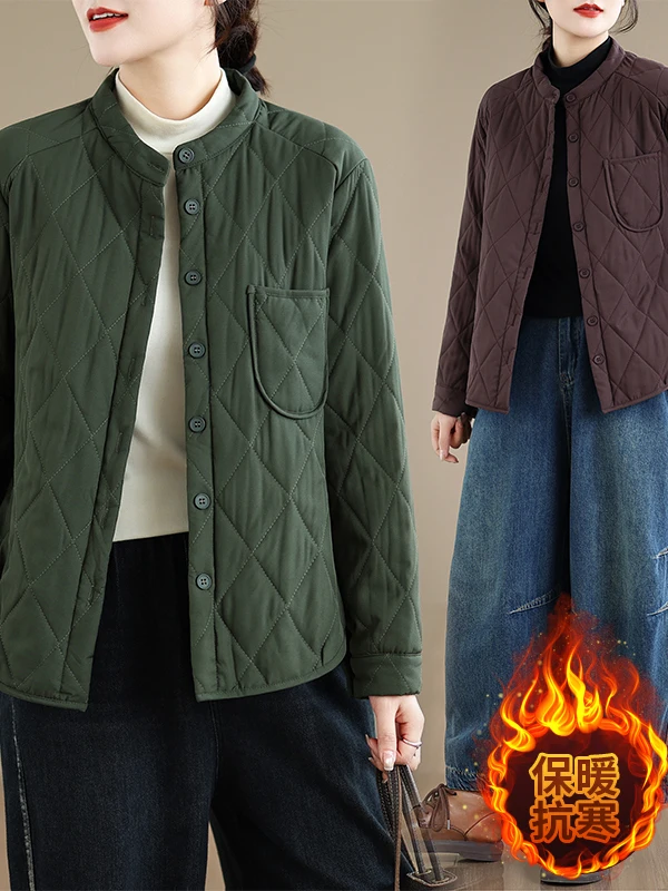 

Thiened Cotton Padded Jaet Women's Winter Warm Artistic Vintage Sle Loose Fit Long Sve Stand Collar Button down Coat