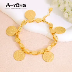 Arab Vintage Bracelet 21k Gold Plated Turkish Totem Coin Round Bangles Hollow Out Women Luxury Wedding Party Daily Jewelry