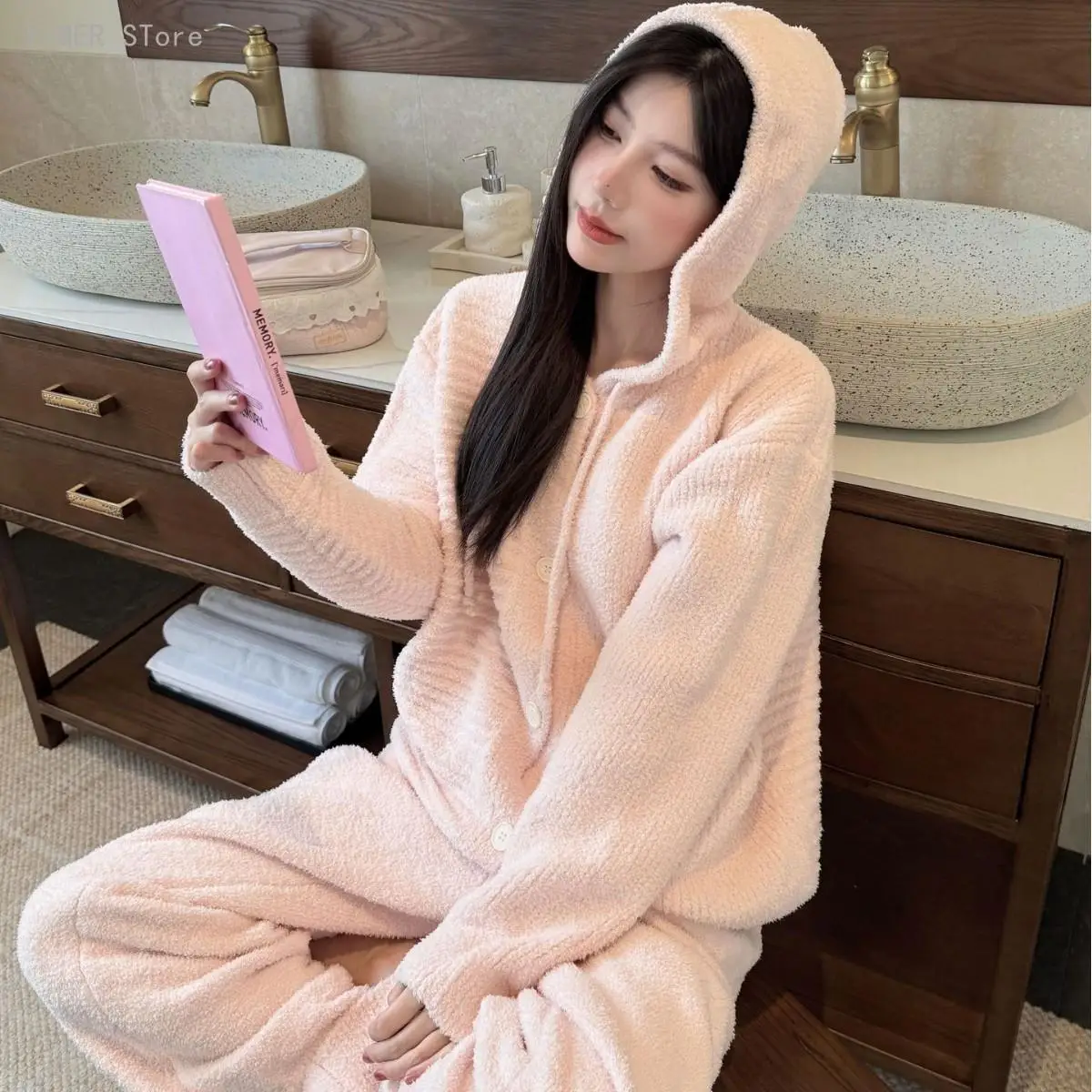 Women 2026 Autumn Winter Half Sided Fleece Hooded Pajama Set Thick Warm Long Sleeve Soft Casual Loungewear Sleepwear Suit