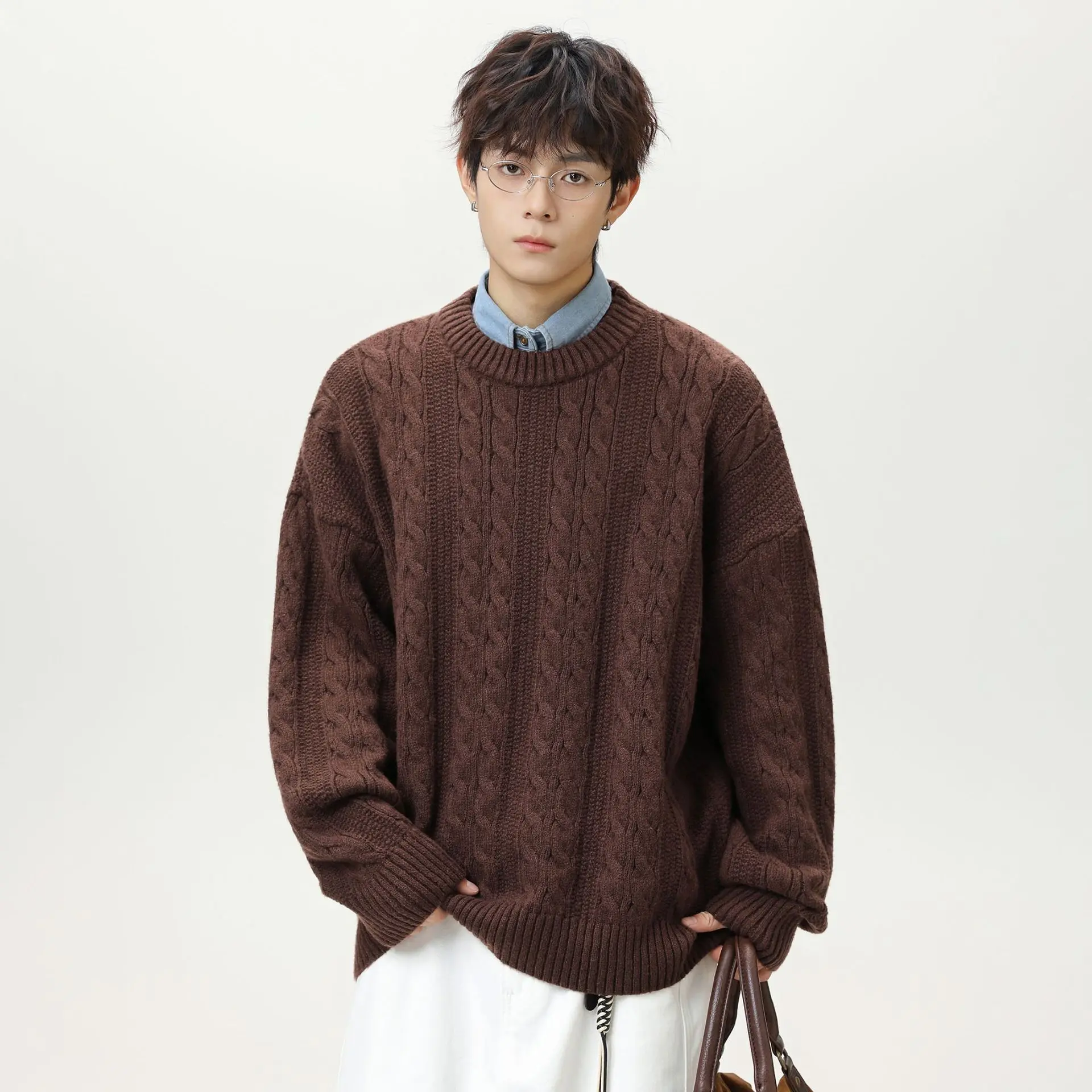 

Craft Retro Round Neck Sweater Men's Autumn and Winter New Solid Loose Fashion Brand Fried Dough Twists Sweater Sweater Coat
