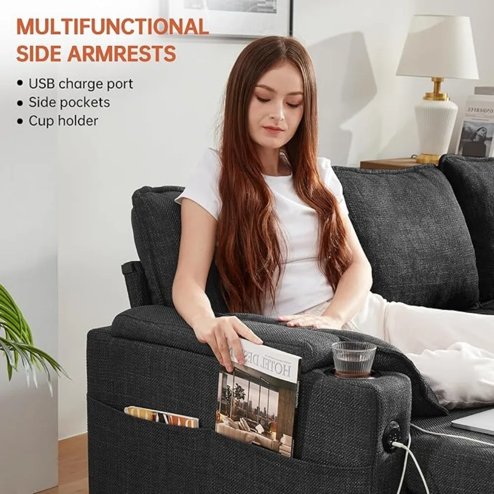 Divano letto, divano letto con letto estraibile per soggiorno, divano a L con chaise longue portaoggetti, USB, portabicchieri