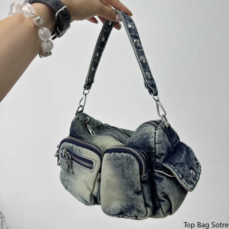 

Women's Washed Denim Shoulder Bag Vintage Multi-Pocket Distressed Underarm Bag Biker Utility Street Casual Everyday