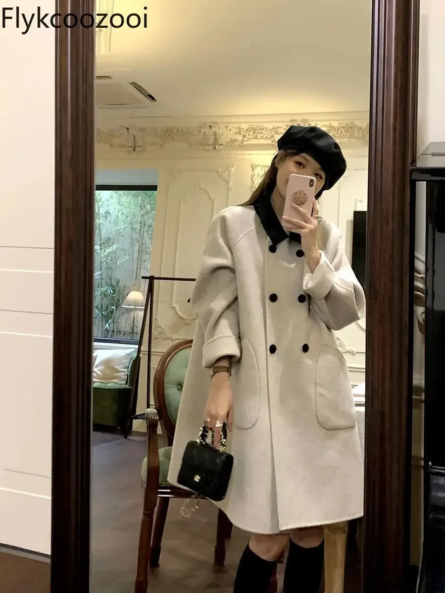 

Korean Color Contrast Lapel Double-sided Peacoat Autumn and Winter Woolen Medium Long All-matching Wool Coat Women