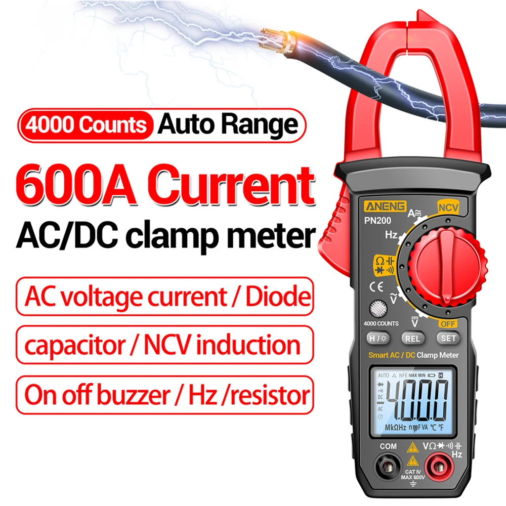 PN200 Digital Clamp Meter DC/AC 600A Current 4000 Counts Multimeter Ammeter Voltage Tester Car Hz Capacitance NCV Ohm Tester