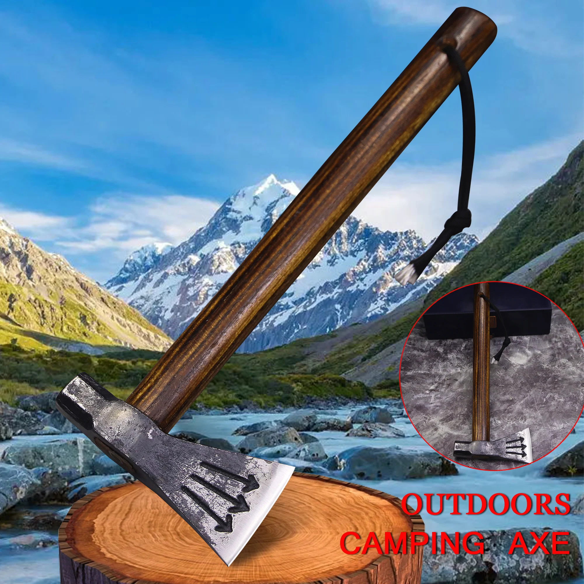 WPKOPYA Hand-forged three-arrow outdoor tactical axe, baked carbon black camping sharp hand axe, home firewood cutting sharp axe