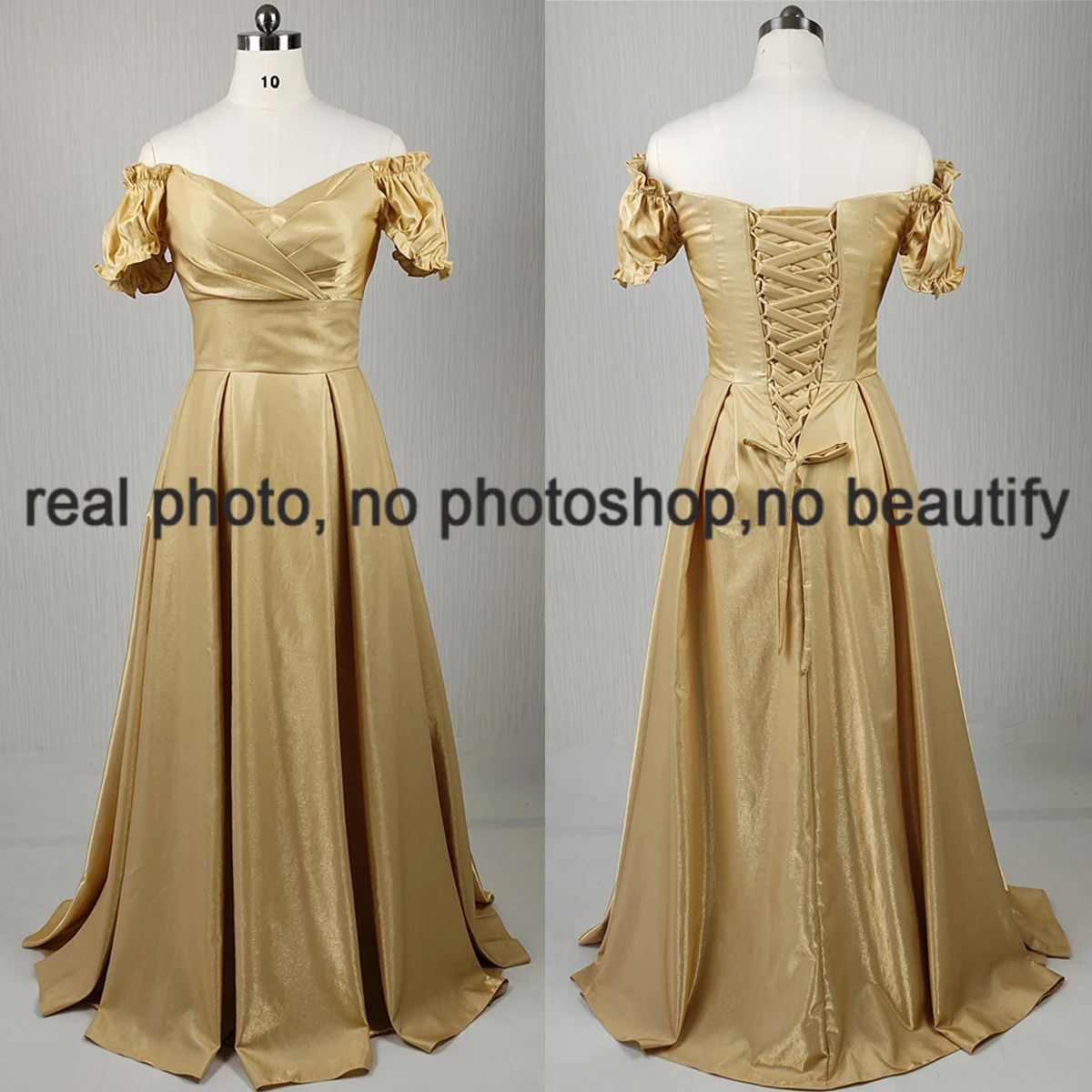 

Customized Real Photo Golden Evening Dress Golden Satin Off the Shoulder A-line Pleat Floor Length Plus size Party Formal Gowns