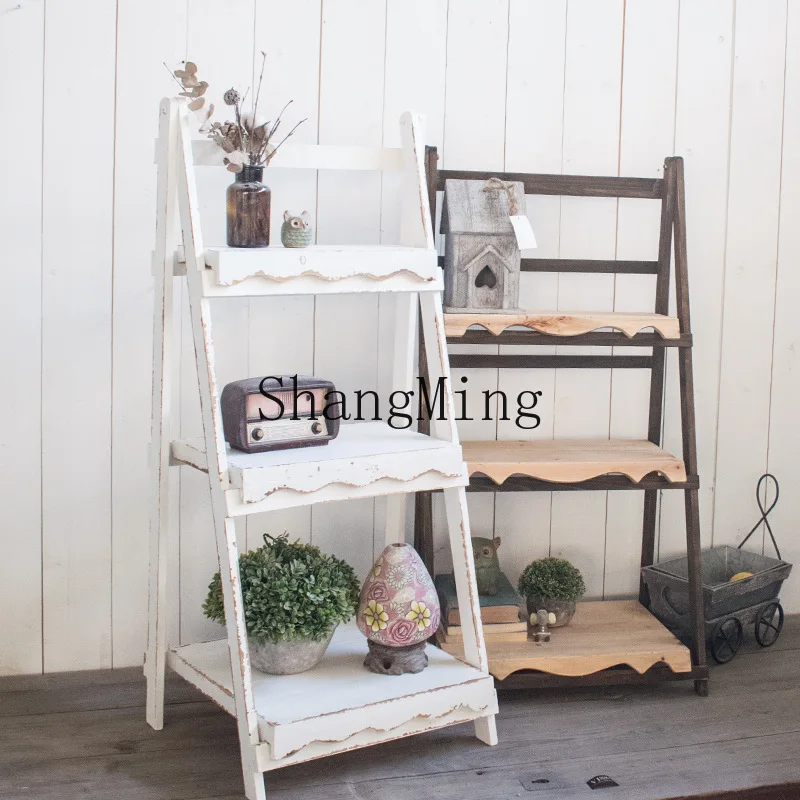 ZYY retro trapezoidal multi-layer solid wood flower stand balcony living room floor ladder succulent plant flower table