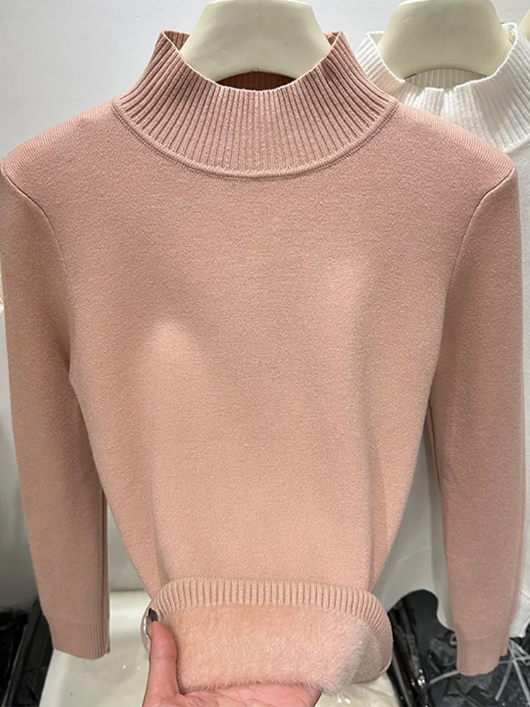 秋冬フリース長袖モックネックレディースセーター新ファッションプルオーバーニットセーター女性エレガントニットボトムス