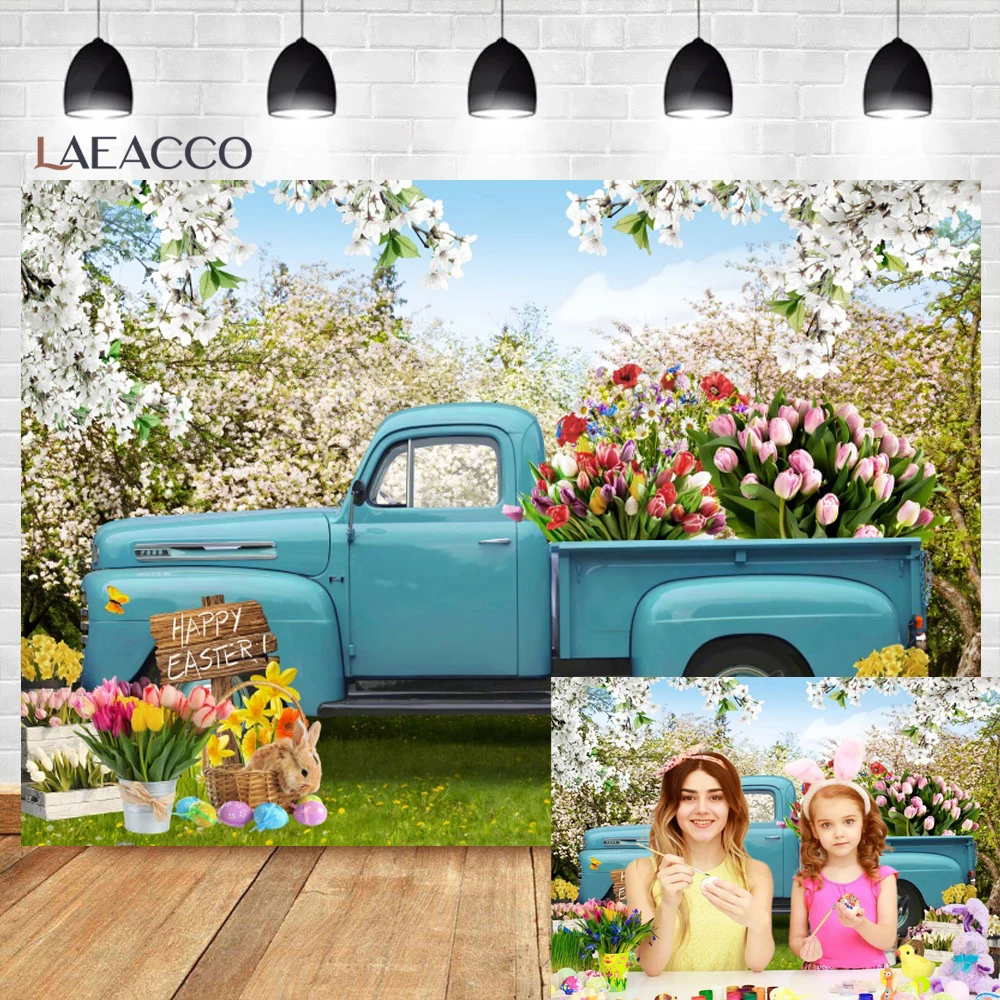 Spring Easter Blue Truck Colorful Eggs Flowers Rabbit Photography Backdrop Tulip Floral Forest Background Photo Booth Props