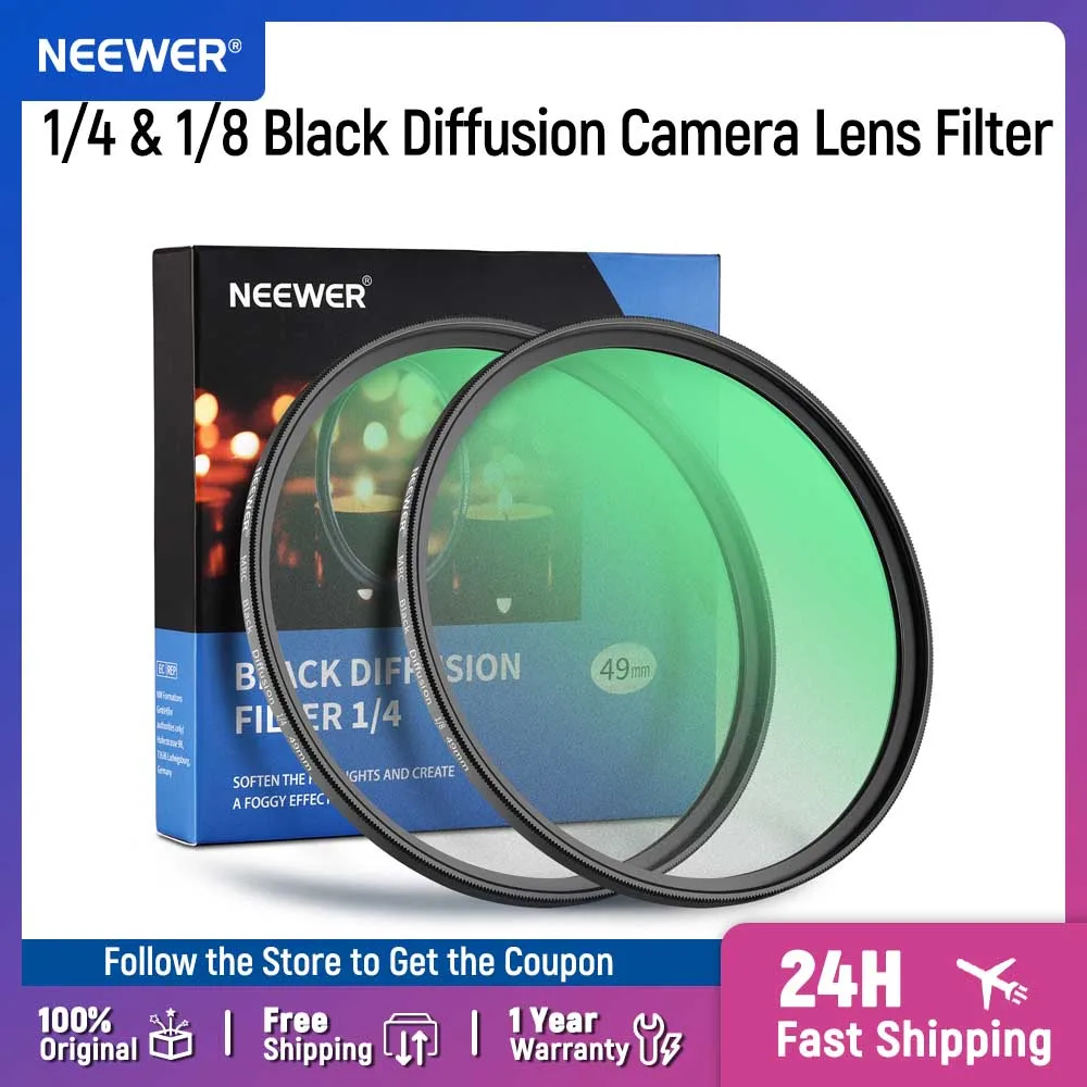 Neewer 1/4 & 1/8 Black Diffusion Camera Lens Filter 2 Pack Set Black Cinematic Effect Filter Multicoated Glass Storage Case