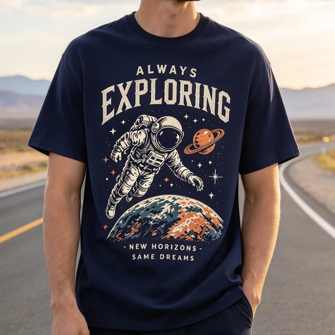 Mens Always Exploring Space Astronaut Tee Retro Planet Earth Graphic T Shirt New Horizons Same Dreams Adventure Birthday Gift