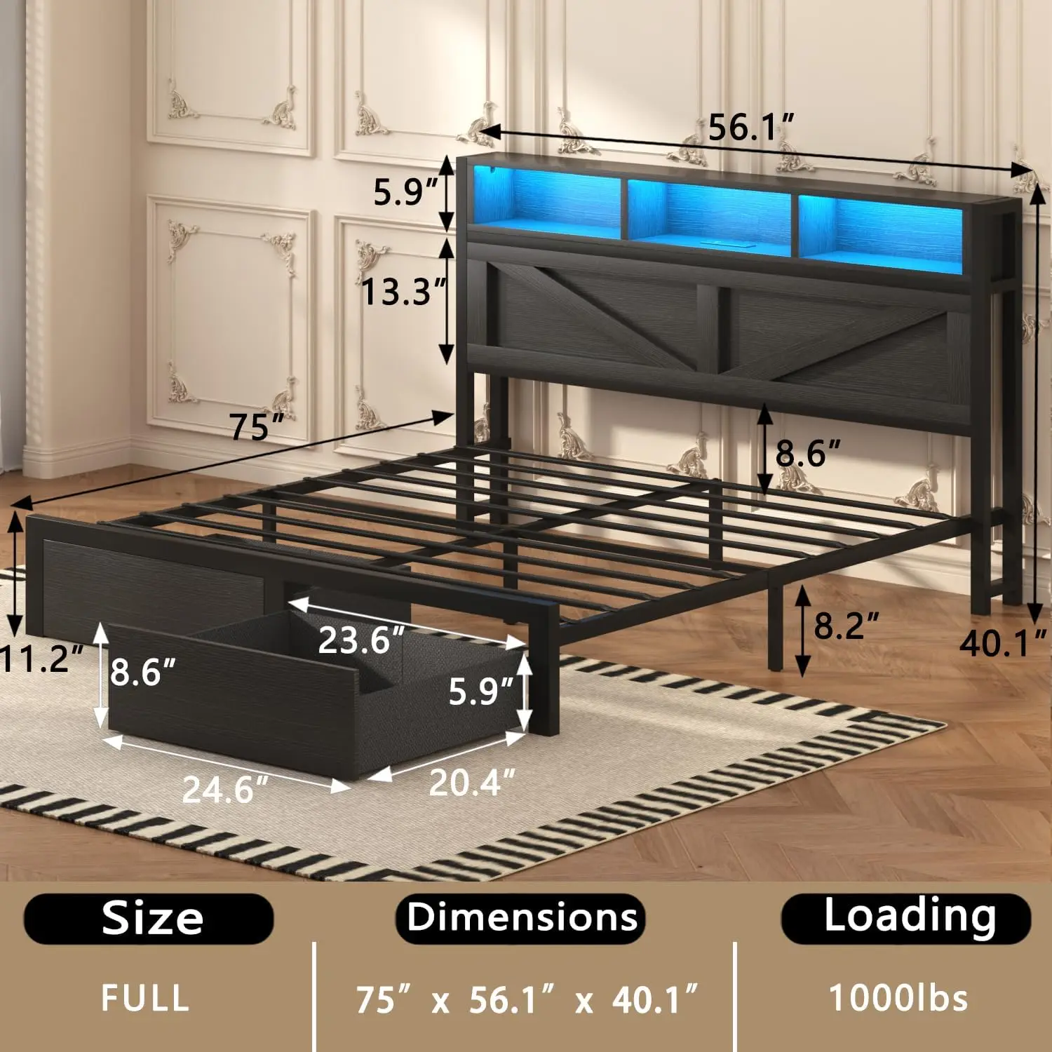 إطار سرير المزرعة مع خزانة الكتب ومحطة شحن اللوح الأمامي وإضاءة LED ودرجين تخزين خالية من الضوضاء بدون صندوق زنبركي Ne