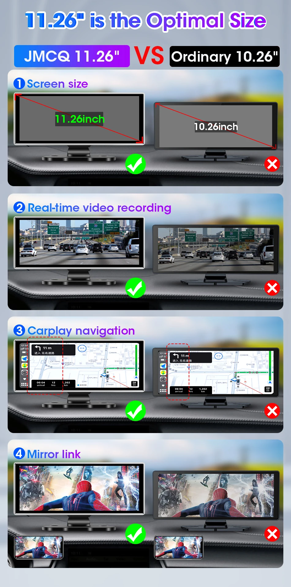 Srnubi 11,26" Dash Cam Rück Carplay Android Auto 4K DVR Navigation Player Dual Lens Recorder Dashboard WIFI BT AUX GPS FM – Detail 2