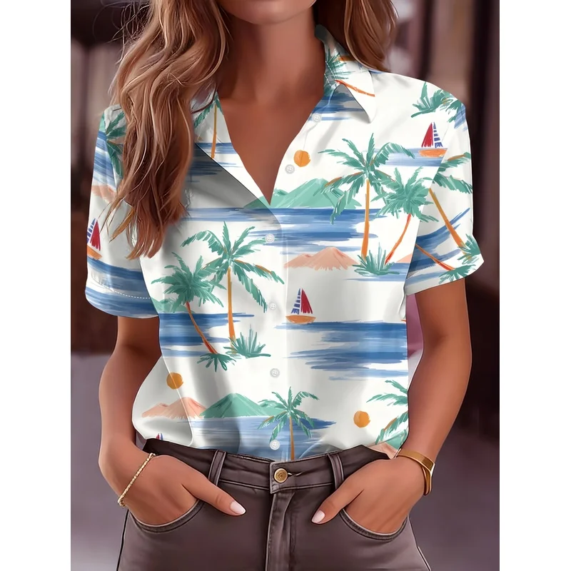 Women's Hand-painted Seaside Coconut Tree Print Short-sleeve Shirt with Buttons Relaxed Mature Style High-end Vacation Vibe Tren
