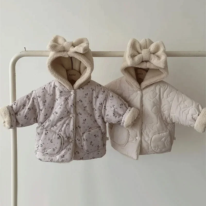 Newborn Baby Girls Lamb Fleece Coats Bowknot Autumn Winter Thicken Warm Hooded Outerwear Floral Infant Toddler Casual Jackets