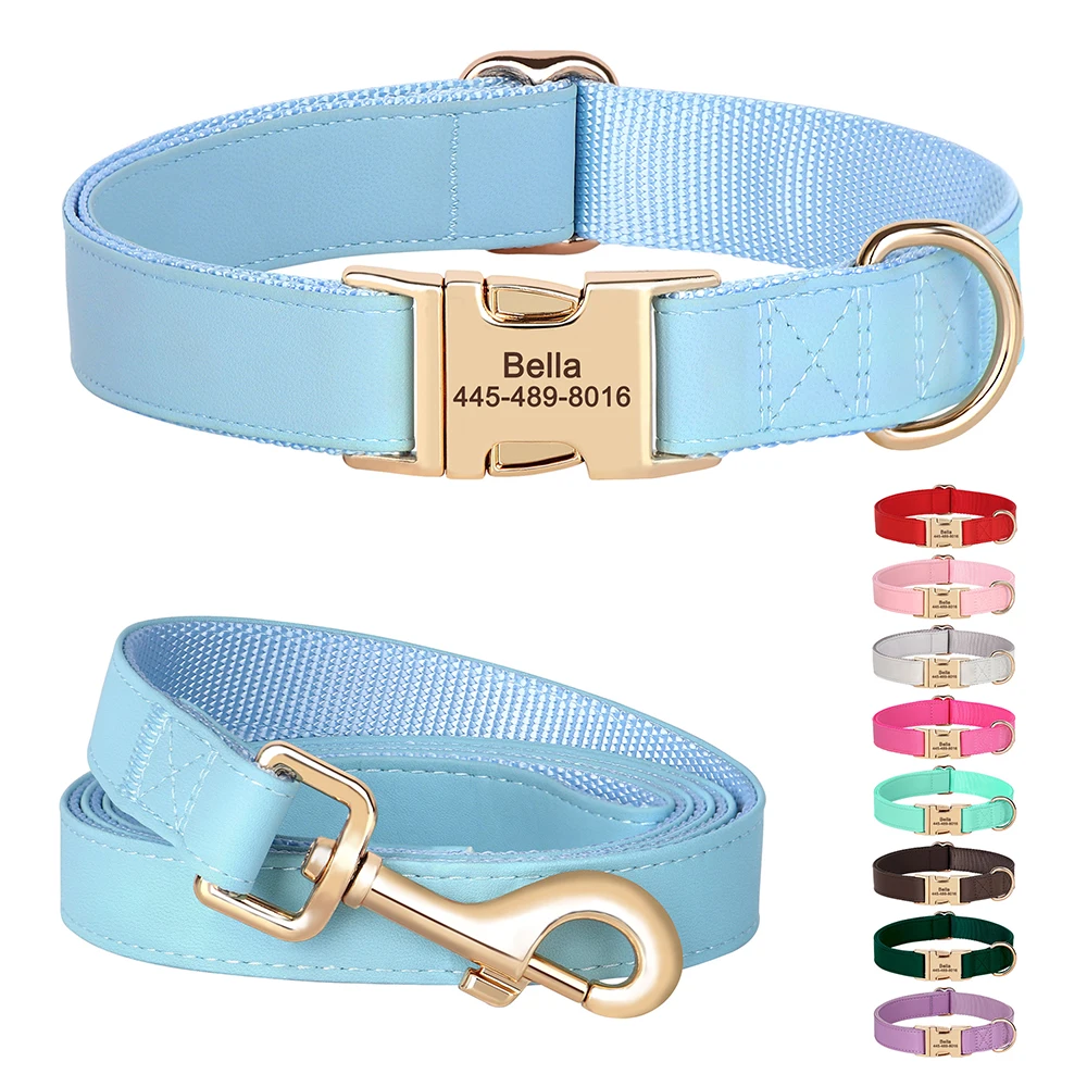 

Personalized Dog Collar and Leash Set PU Leather Dog Buckle Collars Necklace Pet Walking Leash for Small Medium Dogs Pitbull