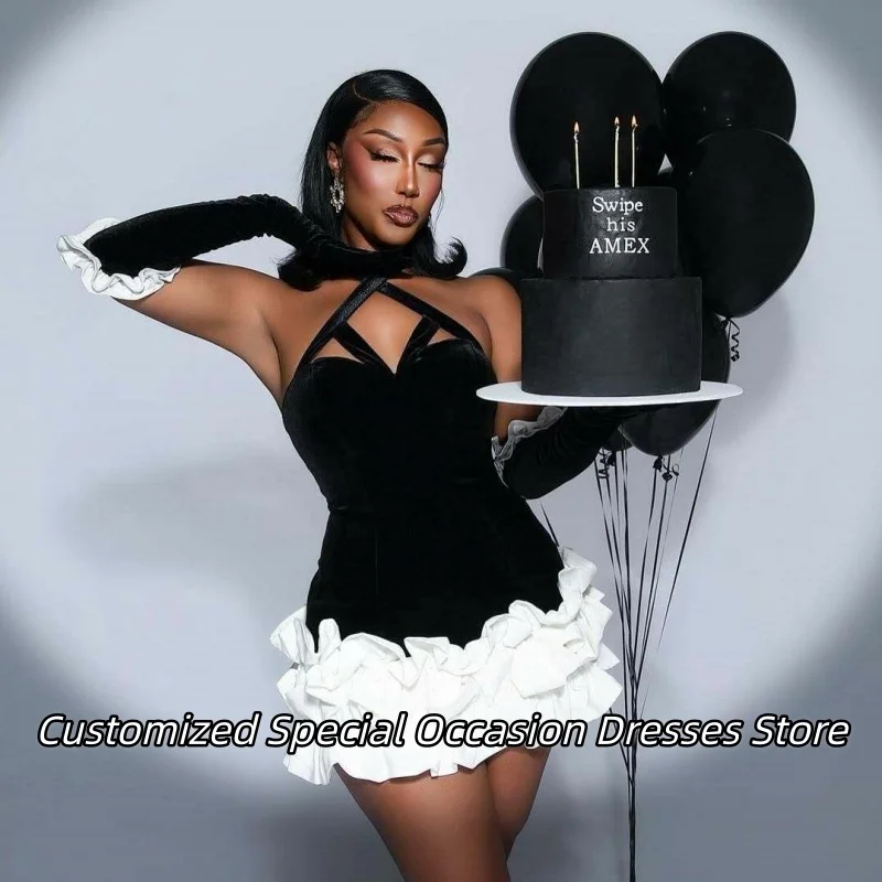 

Black Halter Velvet Birthday Dresses With White Tiered Ruffles Mini Party Dress Homecoming Gowns Prom Gowns For Women Customized