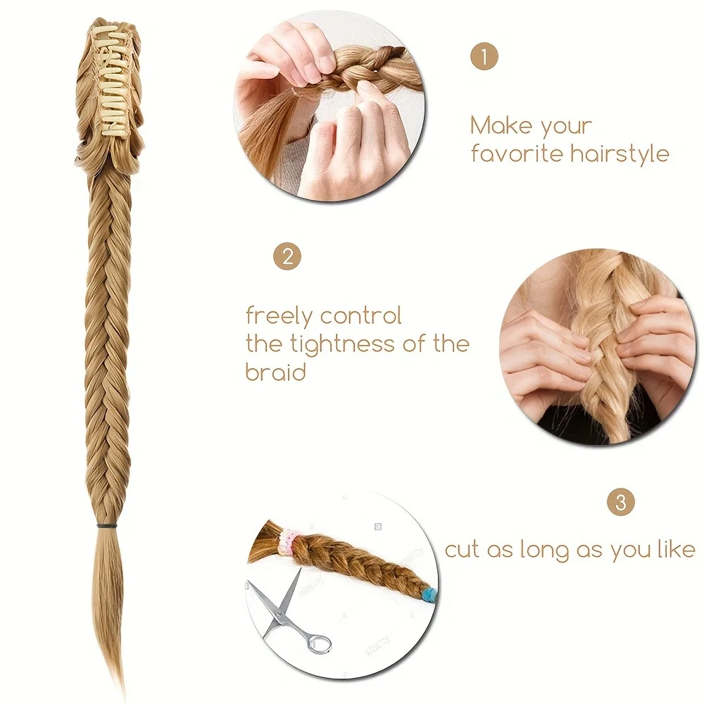 Synthetic Fishtail Braid Ponytail With Claw Clip 24Inch Long Braided Plaited Pony Tail Hairpieces Clip In Hair Extension