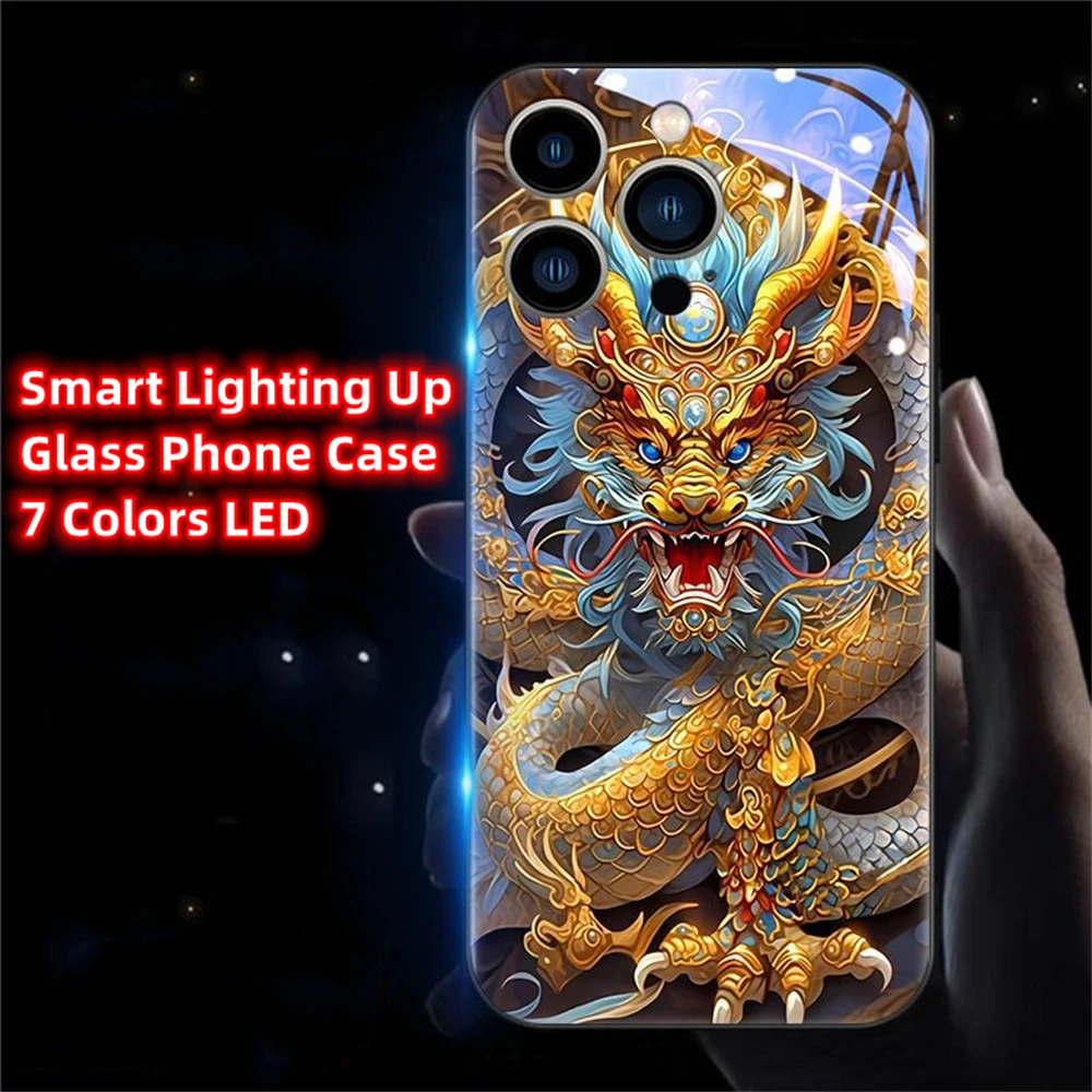 Cool Dragon Fury Sound Control LED Flash Custodie Cover in vetro luminoso per Samsung S25 S24 S23 S22 S21 S20 FE Plus Ultra