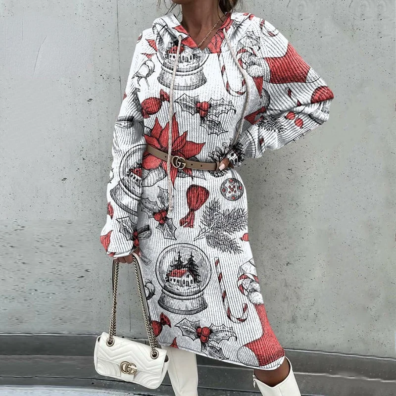 2022 New Autumn and Winter Fashion Temperament Sexy Hooded Long Dress Christmas Print Casual Elegant Women Boho Long Maxi Dress